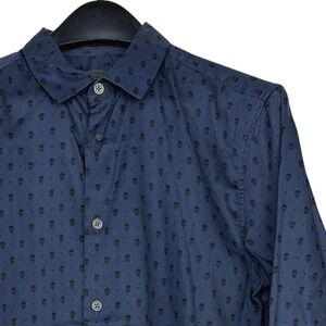John Varvatos ALL OVER SKULLS Button Up Shirt Mens Small Cotton Blue Long Sleeve